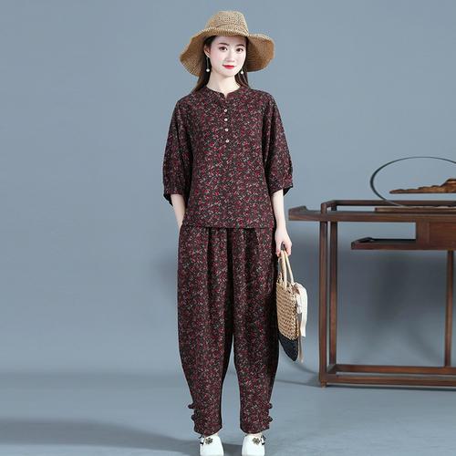 民族风套装两件套大码春夏新款复古印花七分袖棉麻中年女装时尚