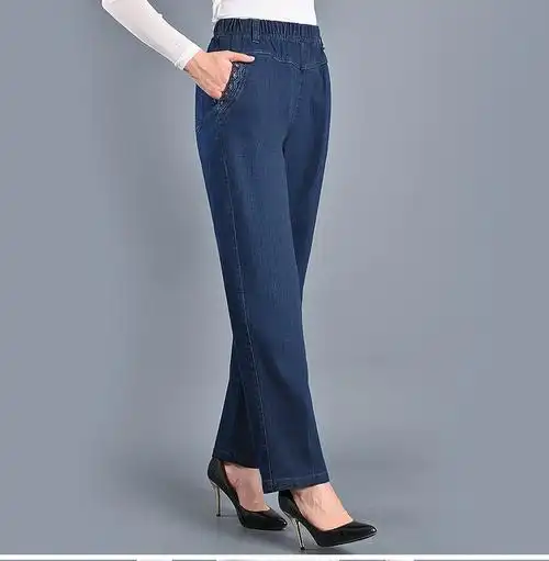 yibusheng老太太牛仔裤女60岁妈妈裤春秋宽松中老年女裤春装直筒松紧