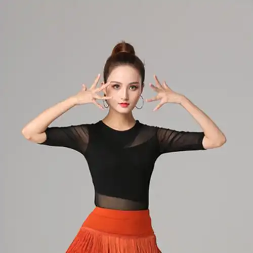 拉丁舞上衣长袖女新款黑色圆领舞衣成人高领网纱袖拼接练功服修身