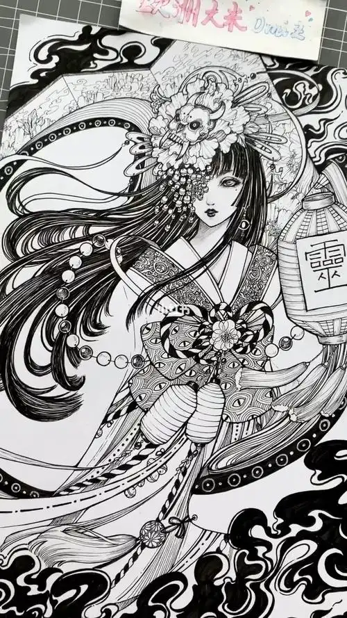 手绘古风针管笔黑白插画