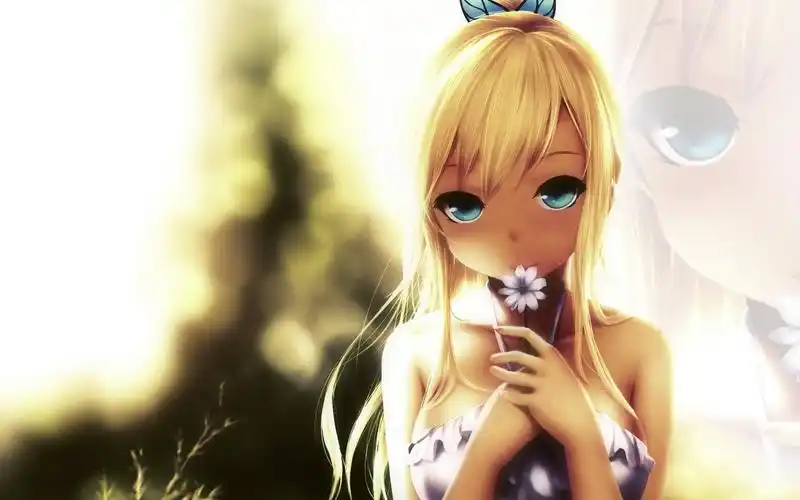 求一张桌面壁纸,是一个女孩,金颜色的头发,手里拿着一朵花,站在屏幕的