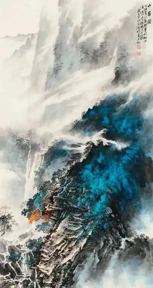 国画泼彩山水画,色彩太好看了