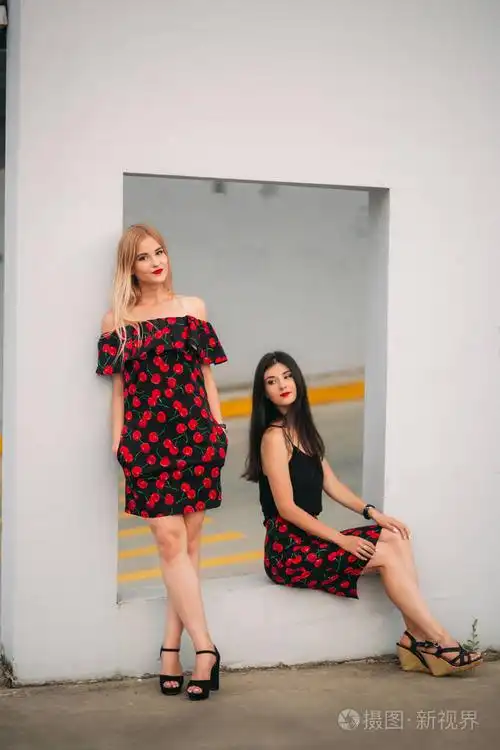 美女摄影师摆姿势.两姐妹的黑色和红色的衣服.