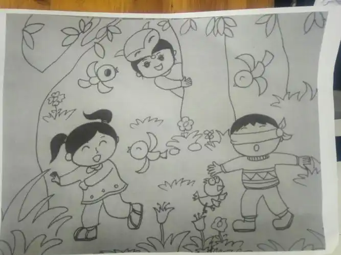 简单儿童画猫猫简笔画画个简笔画母婴早教三位小朋友在玩捉迷藏游戏的