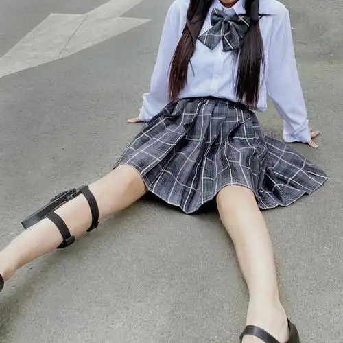 烟灰格子外套西装短款学院高腰百褶裙jk冬日半身裙