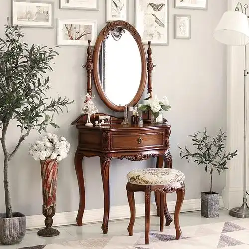 乡村实木卧室梳妆台欧式80厘米迷你多功能现代轻奢小户型复古美式