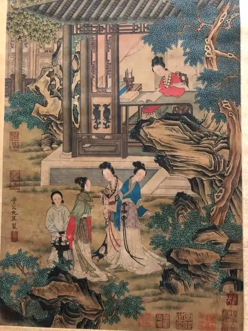 明代仇英绘人物"仕女图"绢本设色立轴,宽48厘米,高68厘米,3平尺.