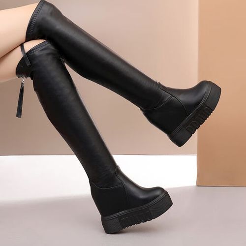 同恰青坡跟长靴子女过膝盖夏夏天穿的长筒靴小个子长筒靴女过膝皮面