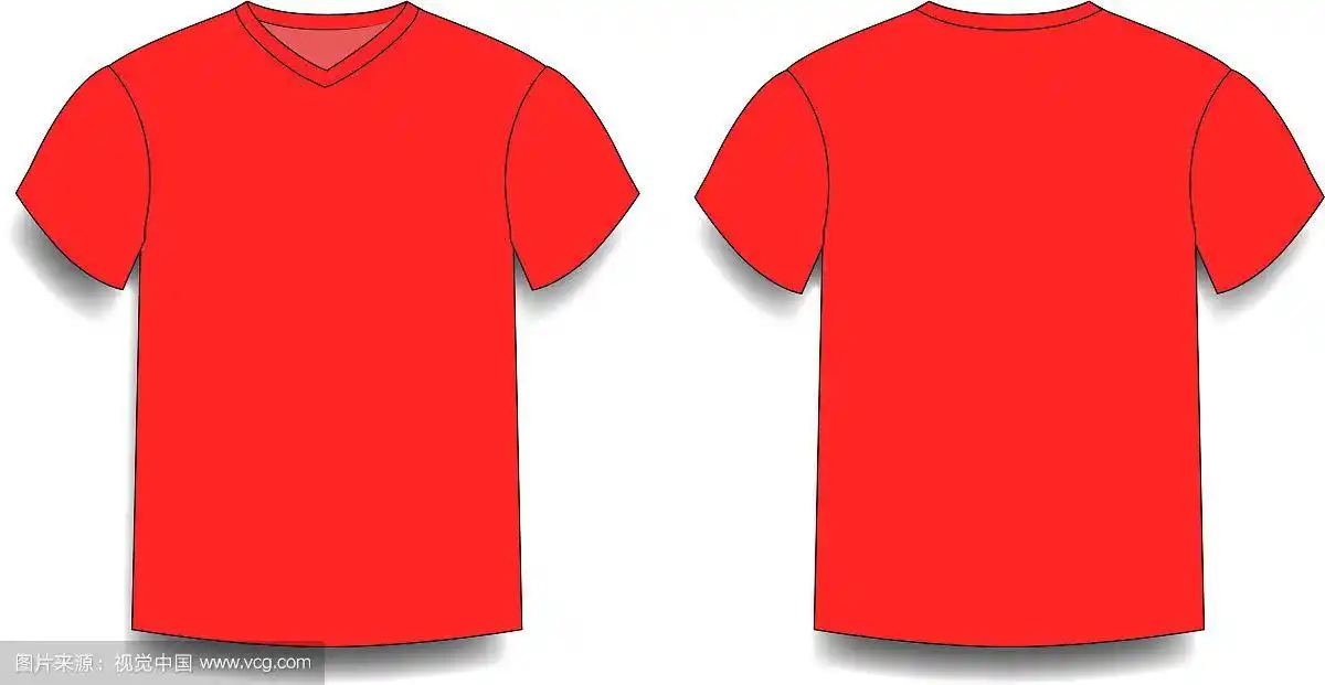 红色男性t恤模板v领前后