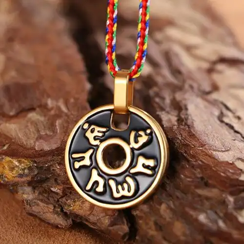 佛教钛钢梵文圆形六字真言大明咒项链保平安男女士护身符饰品挂件