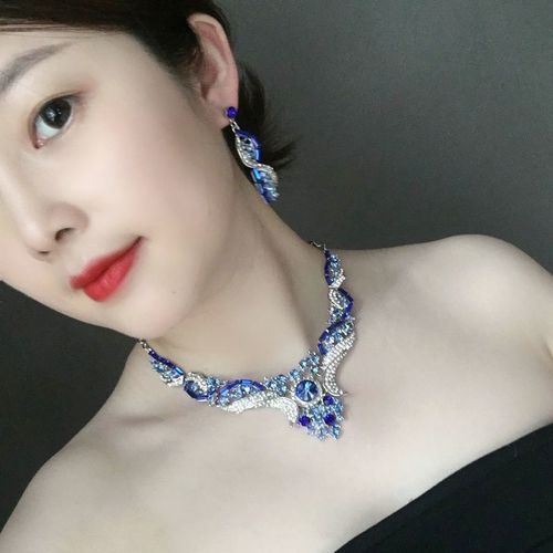 蓝色水晶玻璃花朵项链耳环婚礼饰品 满钻新娘首饰欧美风大牌配饰