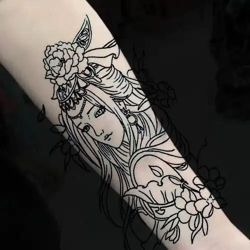 纹身贴花臂割线虞姬线条刺青色艺花臂小腿纹身贴貂蝉滴泪艺伎纹身防水