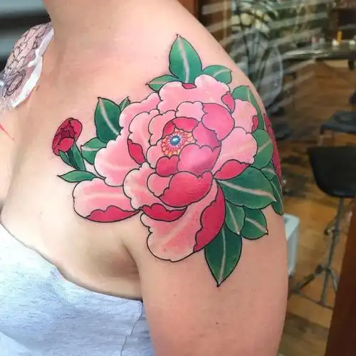 肩胛新传统牡丹纹身图案