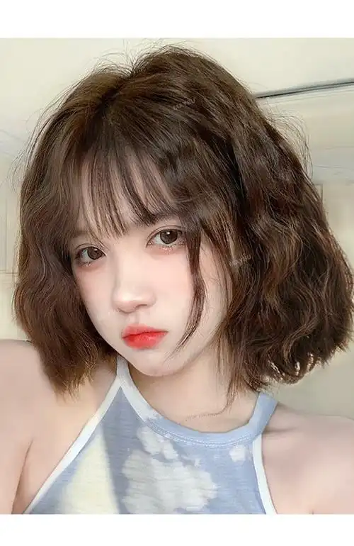 美元素假发女短发羊毛卷蓬松时尚空气刘海短卷发 深栗