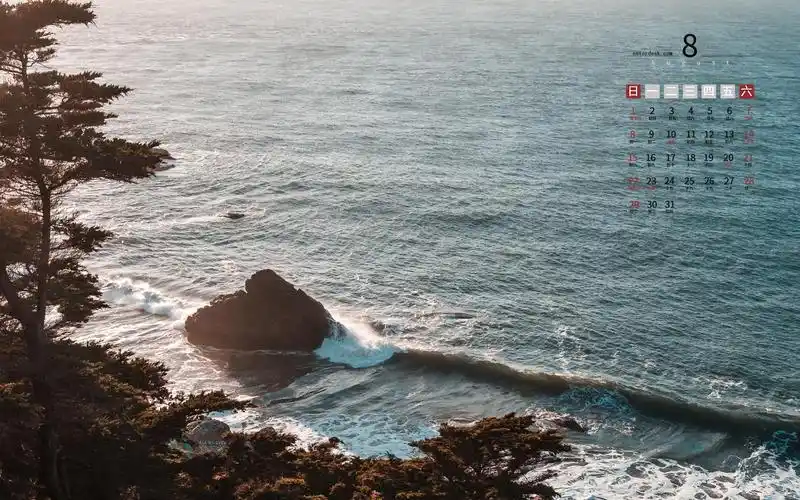 2021年8月唯美迷人的大海景色日历,月历壁纸-回车桌面