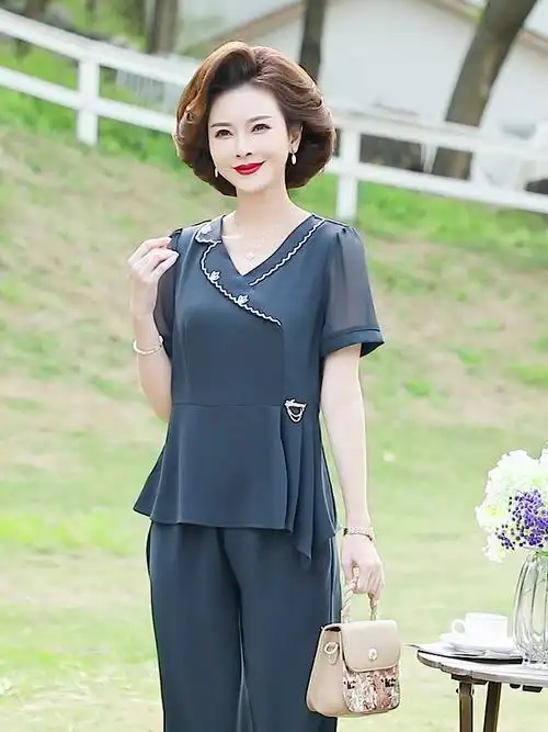 妈妈装夏装套装中老年女装时尚气质两件套40岁中年妇女短袖雪纺衫