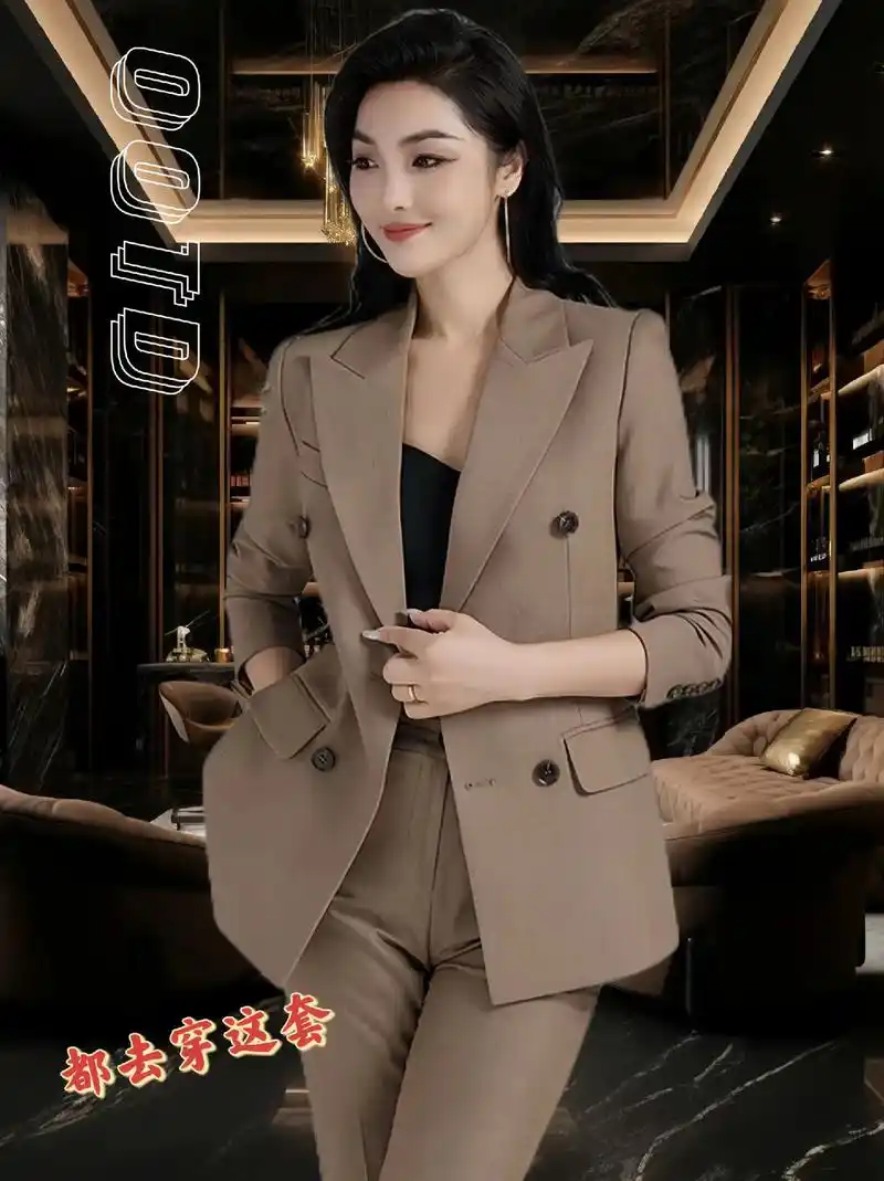 经典卡其色双排扣四季款西装套装,高端女士气质修身职业白领套装 - 抖