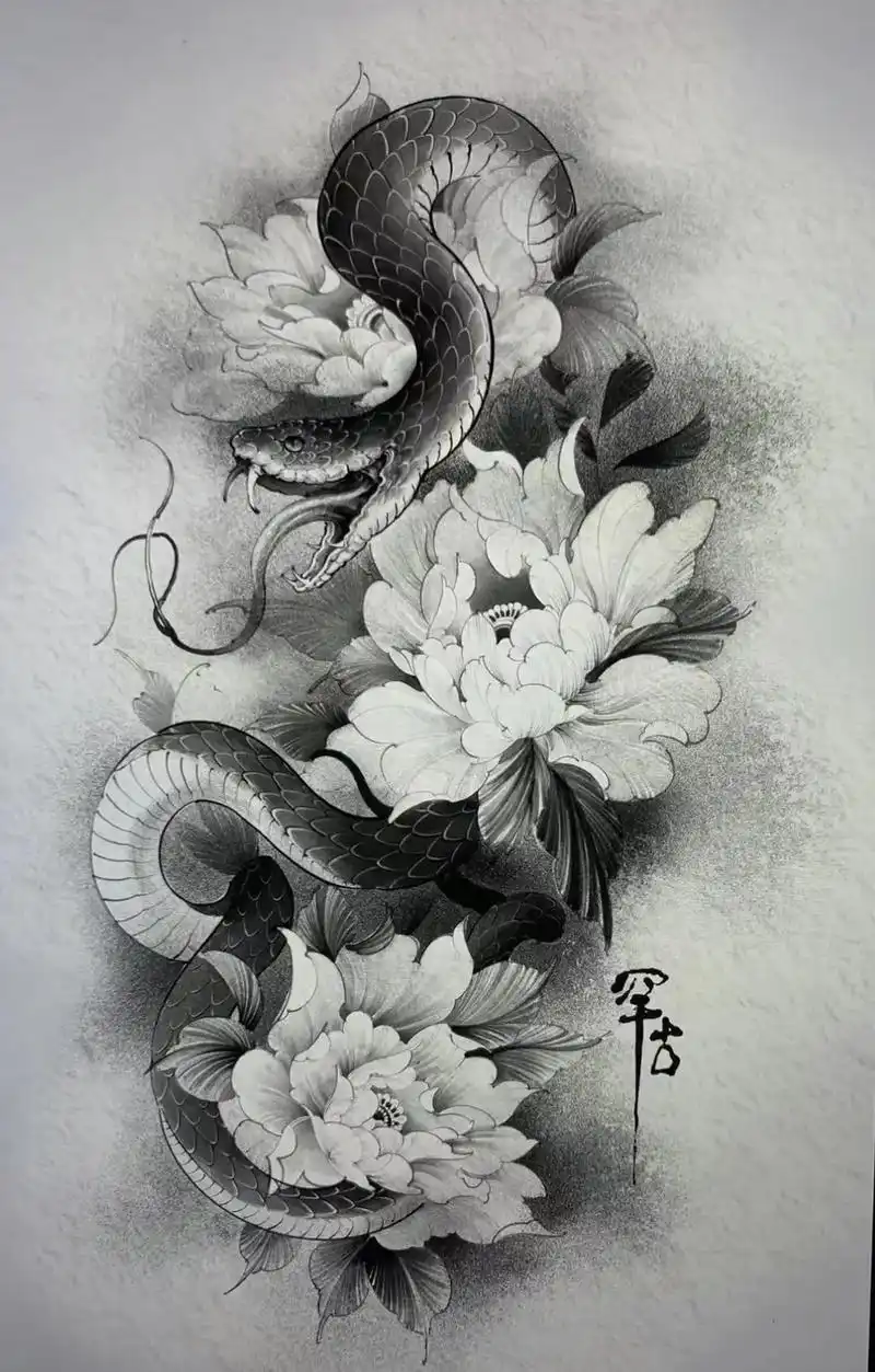 传统蛇盘牡丹手稿分享,适合花臂花腿#纹身师日常 #纹身图案手 - 抖音