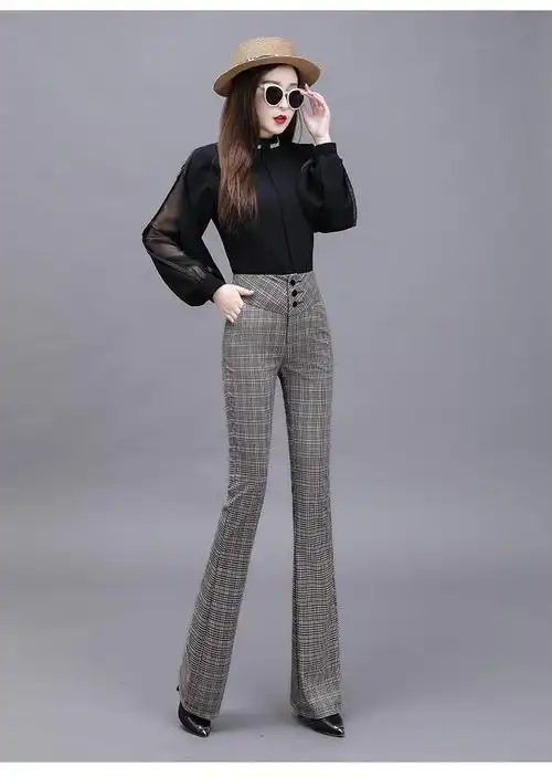 微喇叭裤春秋休闲裤女格子裤2021春秋新款复古喇叭裤女高腰显瘦修身垂