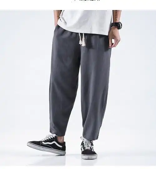 翠俊2020春夏新款中国风亚麻萝卜裤阔腿九分裤棉麻坠感薄休闲裤男深