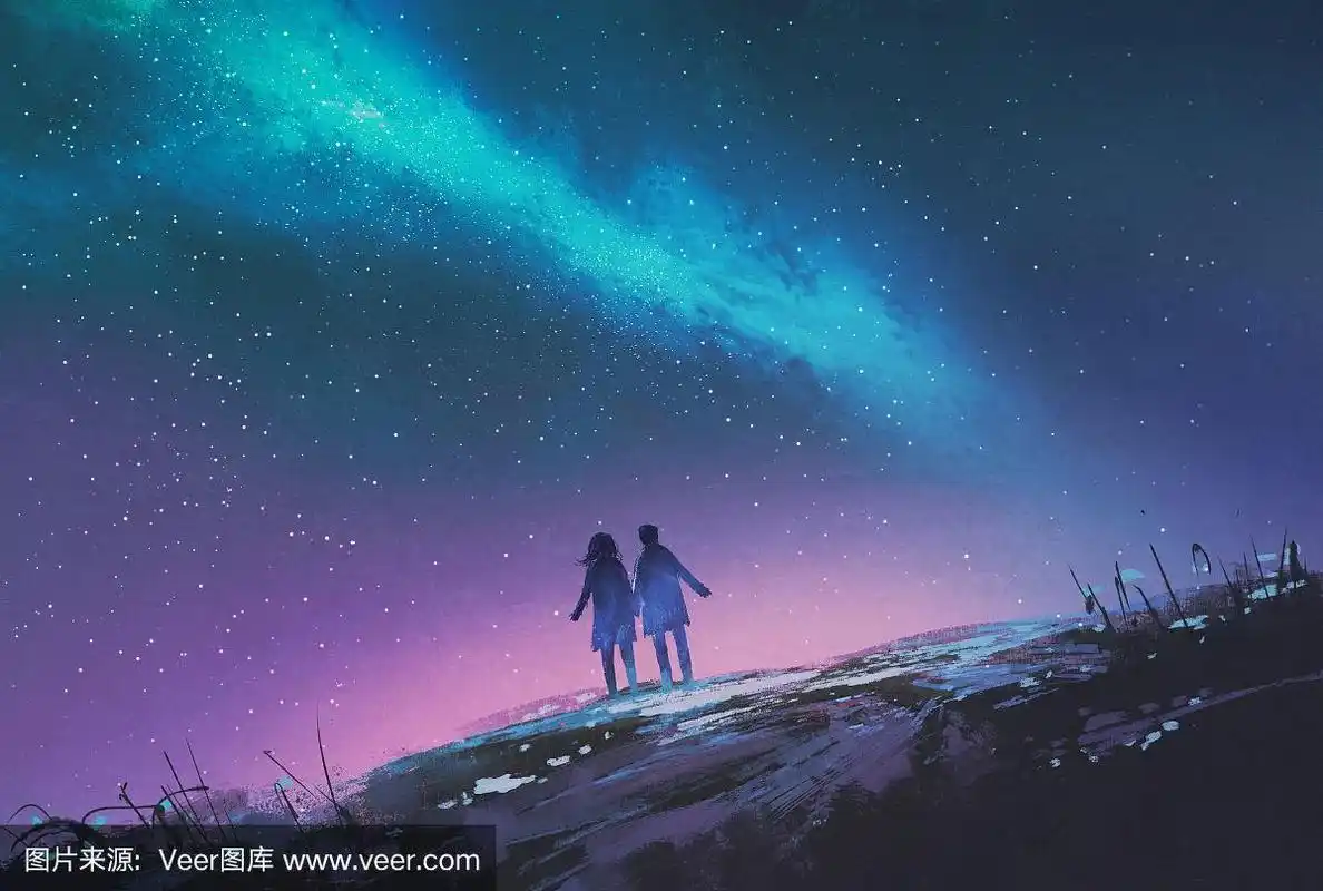 一对年轻夫妇手牵着手站在银河系前