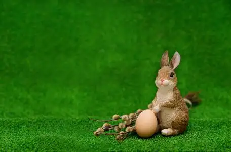 复活节兔子坐在草地上,拿着一根柳枝和一个鸡蛋,在右边的一个绿色背景