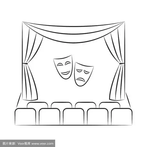 有幕的剧场舞台,座位,喜剧和悲剧剧场面具.