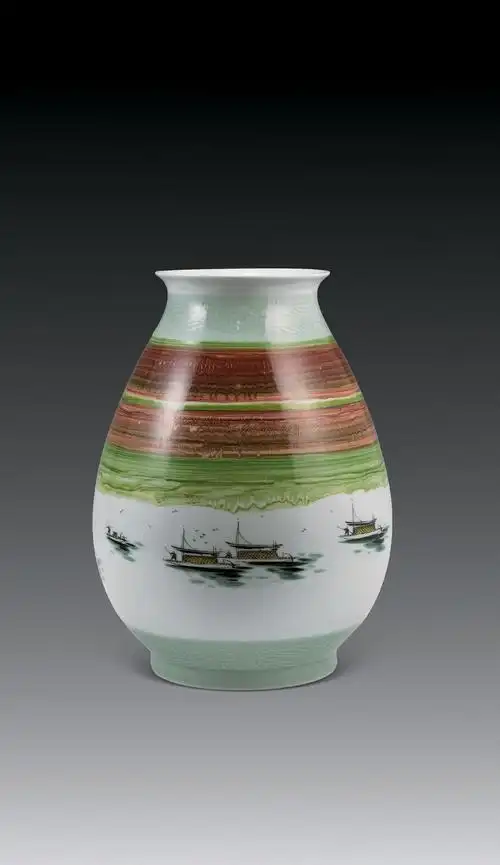 【黄水泉 釉上彩"秋江渔歌"福桶瓶】拍卖品_图片_价格_鉴赏_现当代及