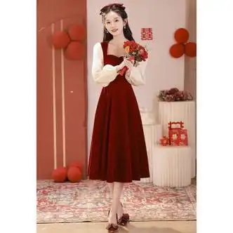 ukindoy参加婚礼穿的衣服女秋款气质敬酒服新娘订婚连衣裙红色小个子