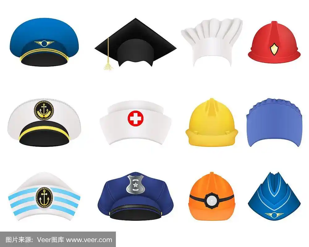 不同职业的帽子和头盔.