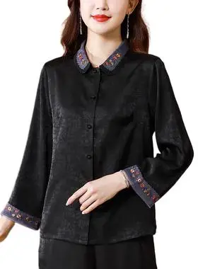 杭州丝绸桑蚕丝衬衫女长袖春秋季新款大牌真丝衬衣妈妈香云纱上衣