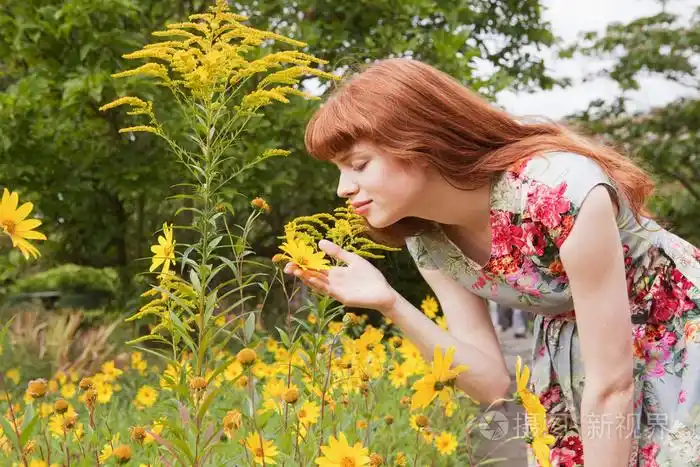 女人闻公园里的花