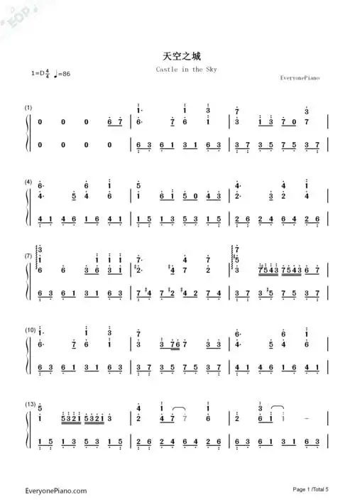 天空之城狂野版双手简谱预览1