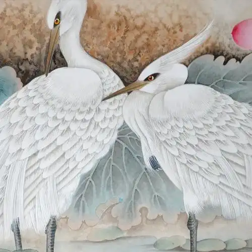 王波《荷塘白鹭》 纸本国画