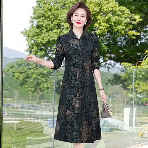 中年妈妈春装连衣裙女士洋气新款40岁50中老年春秋季气质长袖裙子