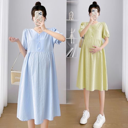 时尚 韩版 v领连衣裙夏季 婧麒孕妇装 百搭气质可哺乳短袖 裙子中长款