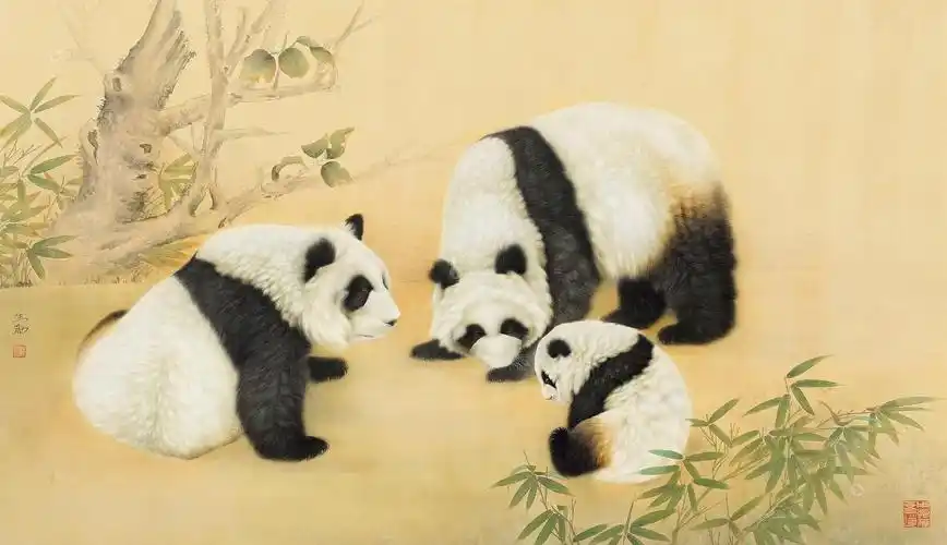 1426竹石熊猫镜片设色纸本