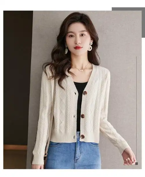 高腰短款针织开衫女春秋宽松小个子毛衣外套配裙子羊毛外搭