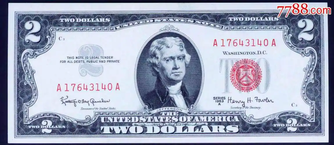 全新1963年2美元纸币红印稀少老版外国钱币外币单张收藏