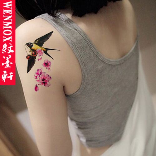 燕子桃花臂纹身贴防水男古风写真女遮疤小清新仿真刺青贴纸 燕子桃花