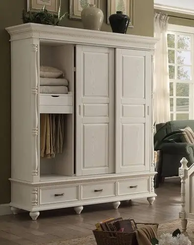 美式田园 象牙白 推拉门三门衣柜