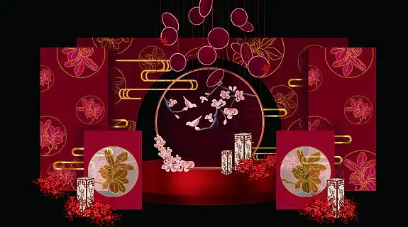 红色大气中式婚礼舞台背景效果图