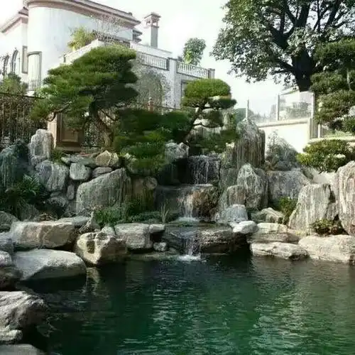 花园泰山石假山鱼池围边,鱼池泰山石围边一圈,花园泰山石点缀