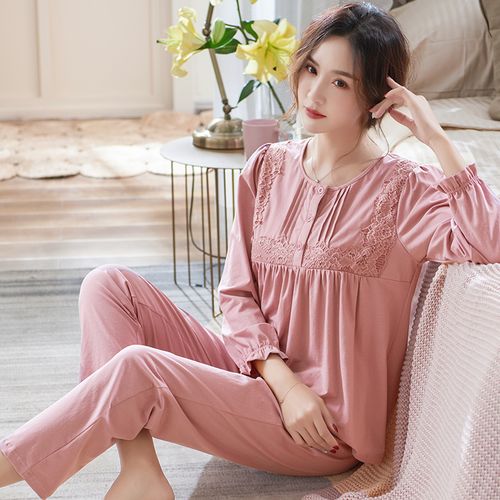 睡衣女春秋季纯棉长袖套装圆领全棉中年妈妈款高档大码宽松家居服