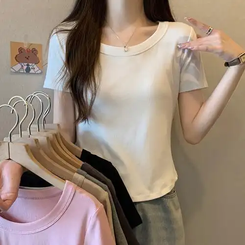 白色螺纹短袖t恤女夏季女装新款漂亮时尚洋气短款上衣女半袖体恤