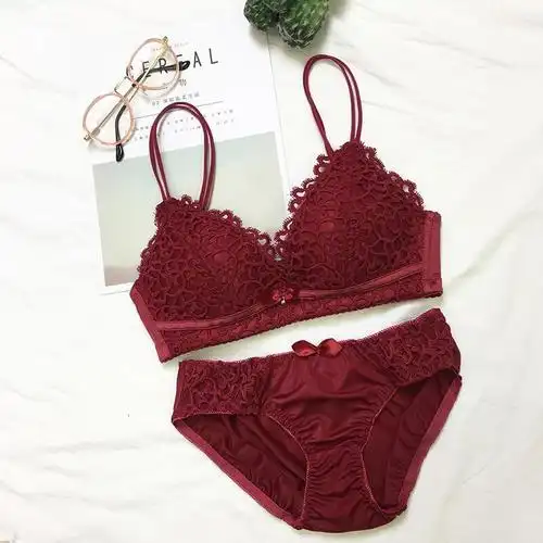 韩版花纹文胸无钢圈拢胸罩薄款整型内衣内裤两件