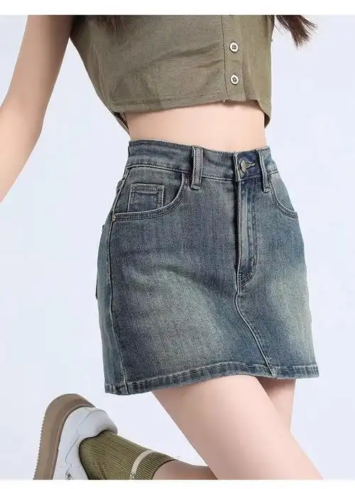 美式春夏高腰显瘦复古牛仔裙a字裙女辣妹包臀牛仔短裙半身小个子 - 17