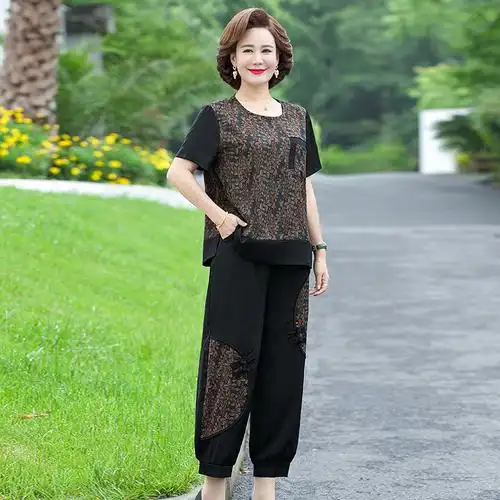 中老年女套装奶奶夏装短袖t恤胖妈妈两件套夏季太太加肥大码衣服