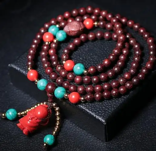 【小叶紫檀绿松石手链】原创 天然小叶紫檀108佛珠 朱砂高枕无忧配绿