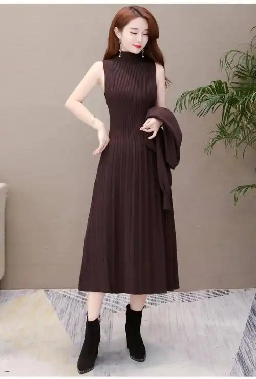 2020春秋冬季两件套女装套装裙中长款宽松洋气时尚潮过膝针织连衣裙